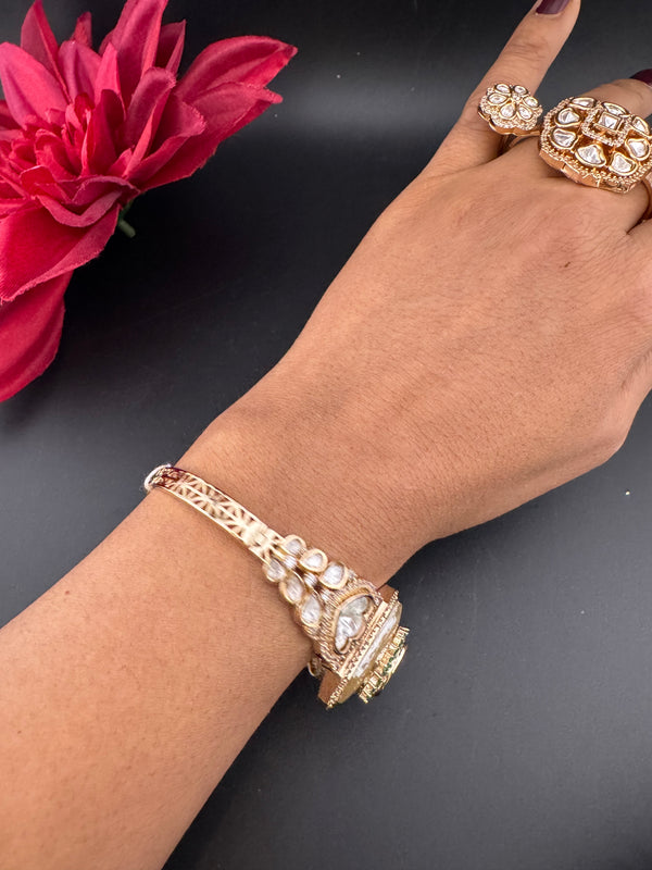 Moissanite Kundan, MOP, CZ Adjustable Bracelet Bangle, Gold Polish (Fits size 2.6")