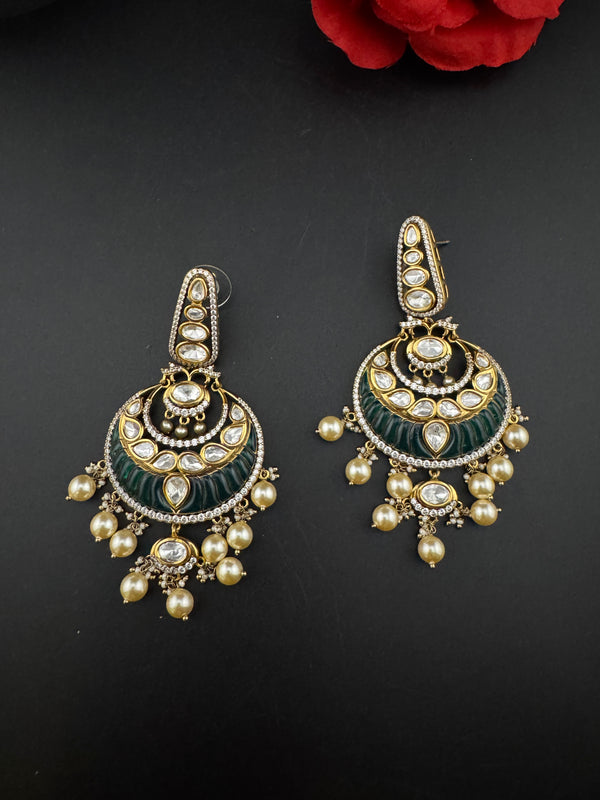 Green and Gold, pacchi Kundan, Pearls Chandelier Long Earrings, Bridal, Moissanite, CZ, Designer jewelry