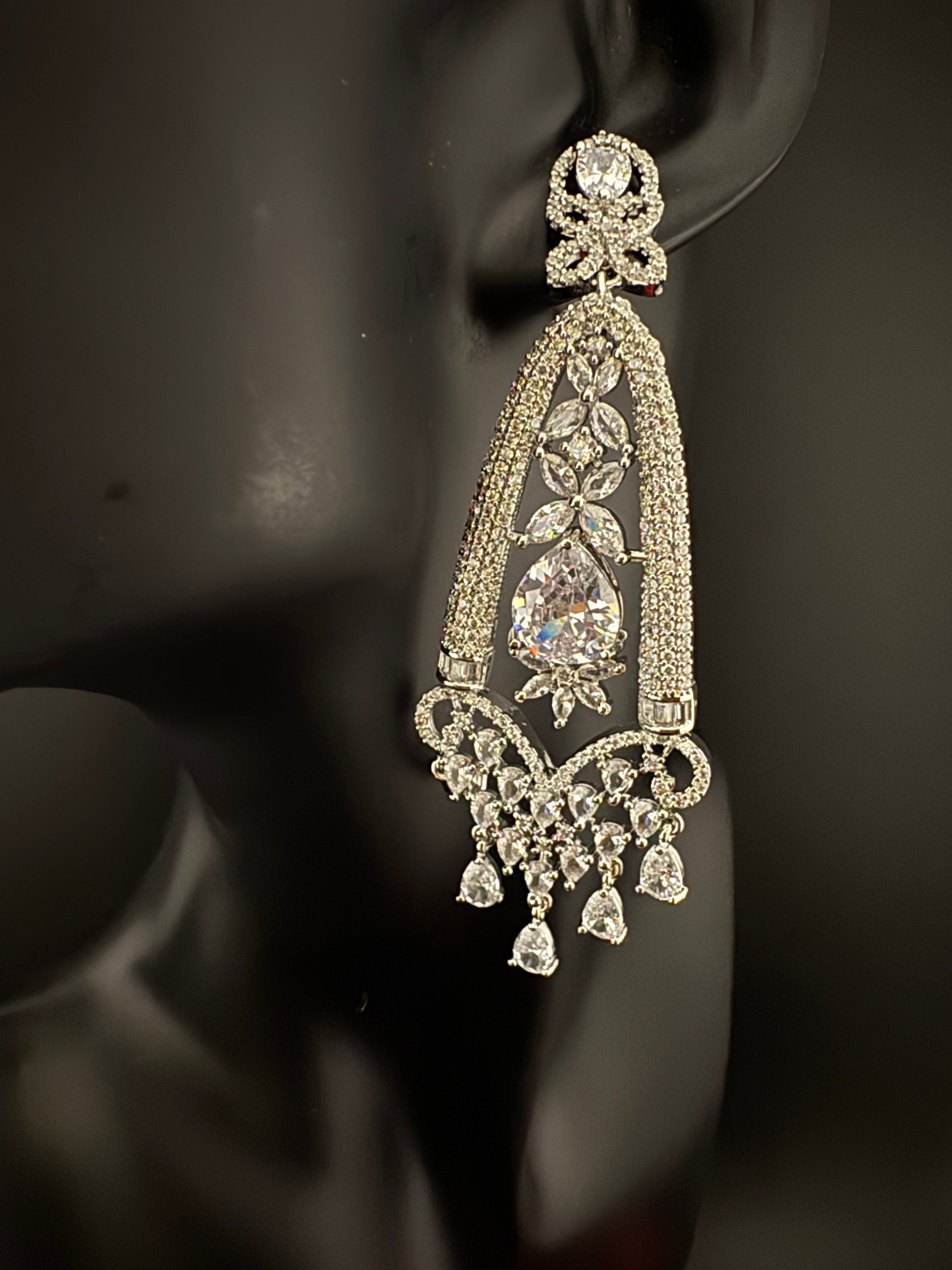 Premium Cubic Zirconia Crystals Chandelier earrings is designer Inspired, Statement Long sleek earring, Bridal, Party, Wedding jewelry, chic