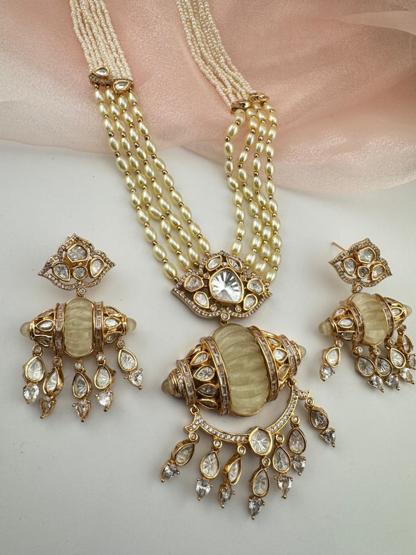 Kundan, Moissanite, MOP, CZ, Pearls Long Gold Choker necklace set, Indian Rani haar