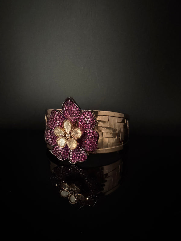 Moissanite Kundan, CZ Nano Setting Cuff Bracelet Bangle, Gold Polish Bangle (Fits 2.6" Diameter)