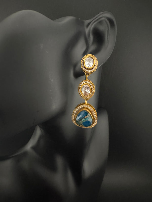 Kundan, CZ, Gold, Marble Stone Long Earrings, Bridal, Moissanite, CZ, Designer jewelry