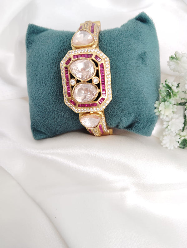 Moissanite Kundan, CZ Openable Bracelet Bangle, Gold Polish (Fits 2.6" wrists)