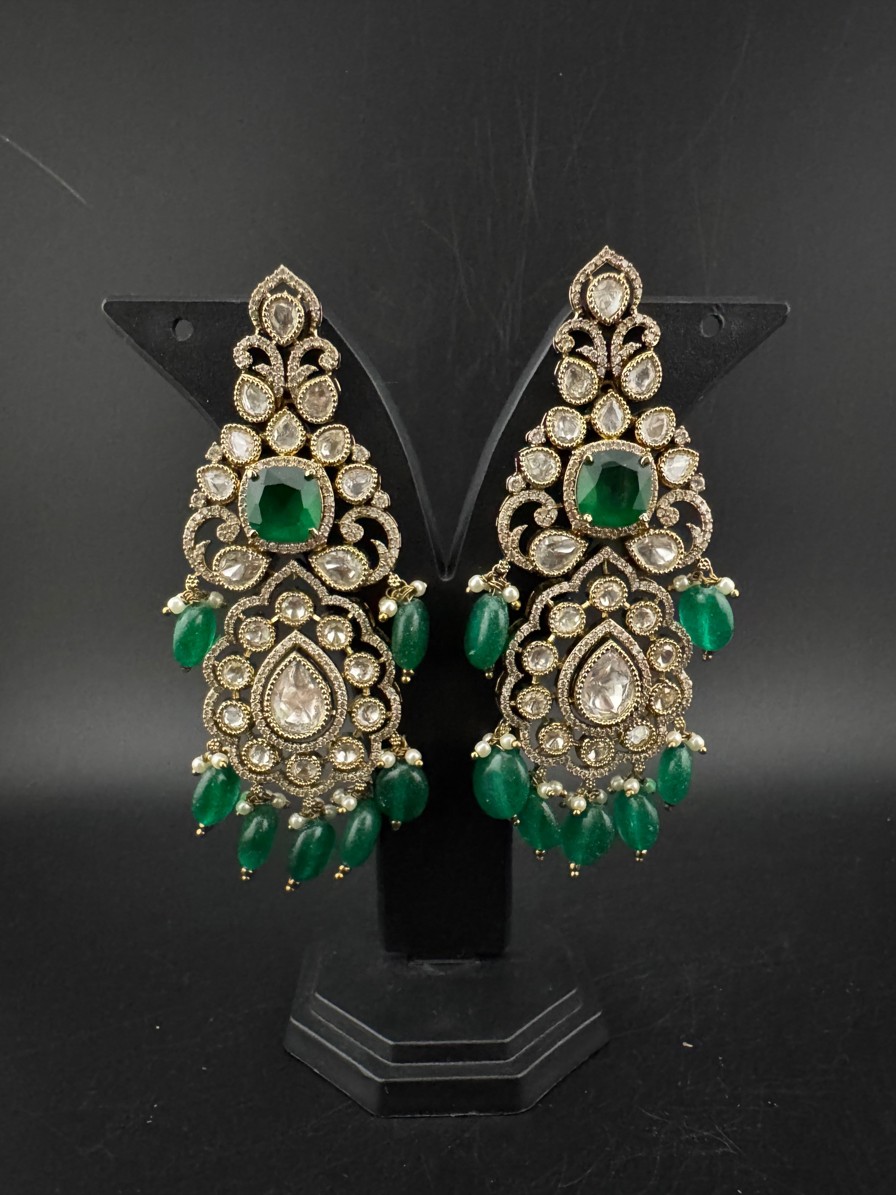 Green and Gold Kundan, Pearls Chandelier Long Earrings, Bridal, Moissanite, CZ, Designer jewelry