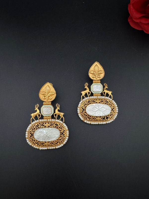 Antique Gold, Enamel, Mother of Pearl Chandbali Dangle Earrings, Amrapali inspired Designer jewelry