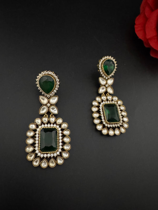 Green and Gold Kundan, Stone Chandelier Drop Earrings, Bridal, Moissanite, CZ, Designer jewelry