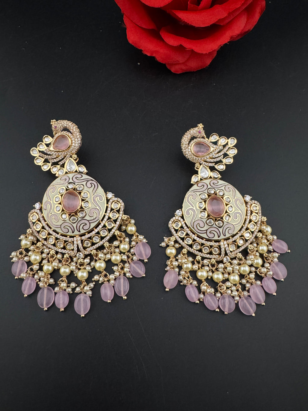 Enamel and Gold Kundan Chandelier Long Earrings, High shine Bridal Moissanite CZ, Designer Earrings