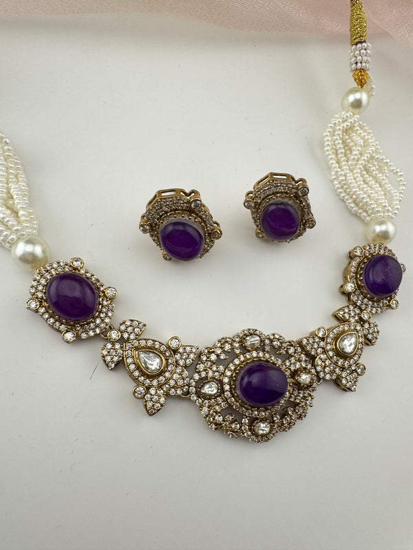 Moissanite Kundan, Pearls, CZ, Stones Choker necklace set, Indian Bridal Jewelry, chic set