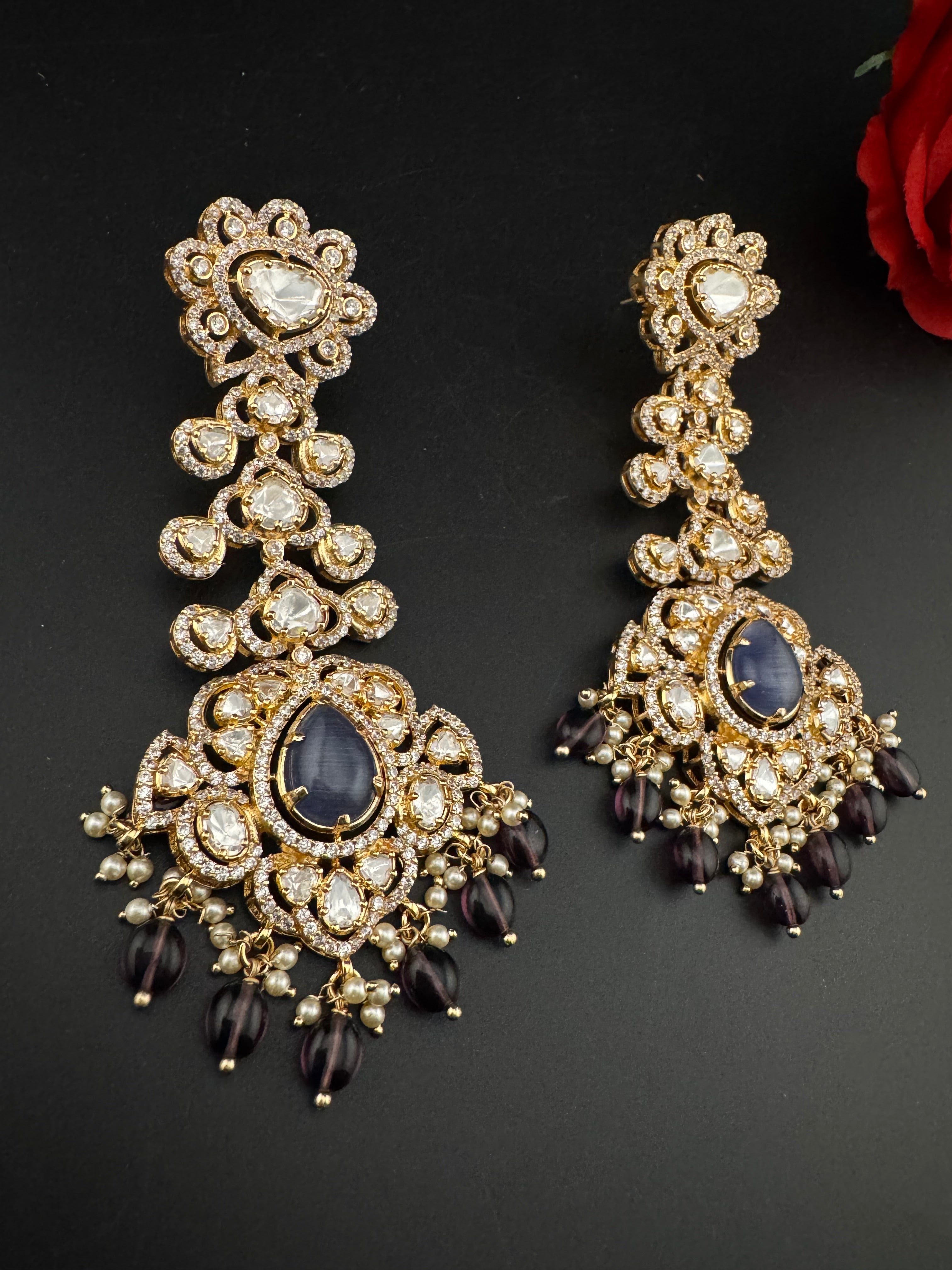 White and Gold Kundan, Pearls Chandelier Long Earrings, Bridal, Moissanite, CZ, Designer jewelry