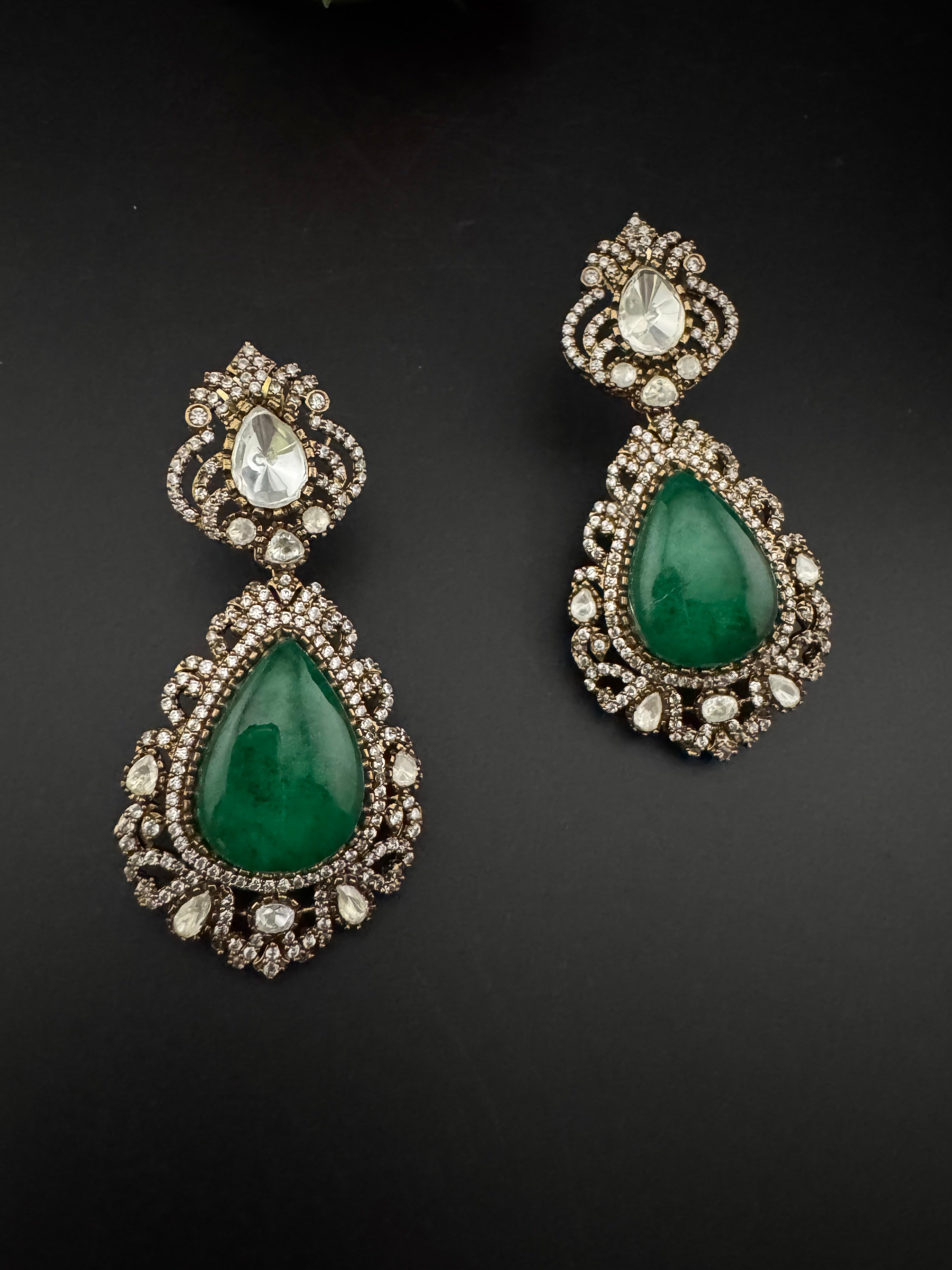 Green and Gold Kundan, Doublet Stone Chandelier Long Earrings, Bridal, Moissanite, CZ, Designer jewelry