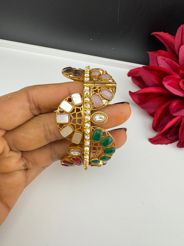Kundan, CZ, colorful stones Bracelet Bangle, Gold Polish Bangle (Fits 2.6" Diameter)