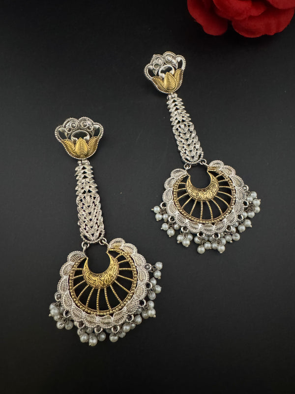 Oxidized Silver and Gold ChandBali Very long Earrings, designer jewelry