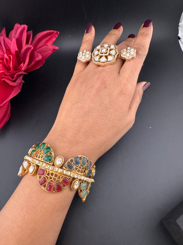 Kundan, CZ, colorful stones Bracelet Bangle, Gold Polish Bangle (Fits 2.6" Diameter)