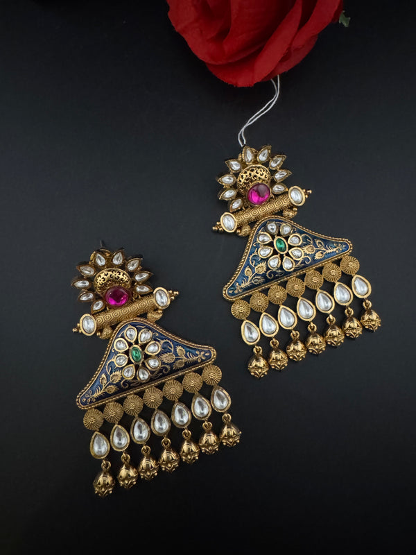 Amrapali inspired Matt Gold, kundan, Enamel, Oversized ChandBali long Earrings, designer jewelry