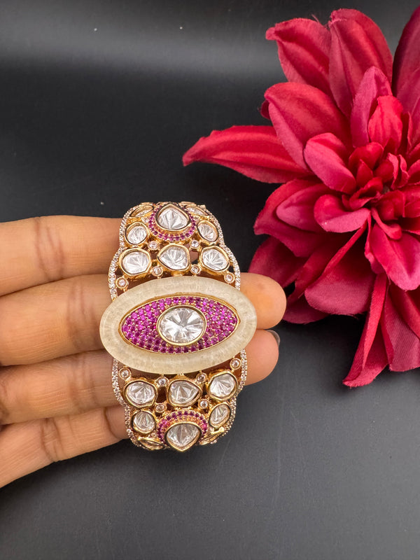 Moissanite Kundan, MOP, CZ Adjustable Bracelet Bangle, Gold Polish Designer Bangle