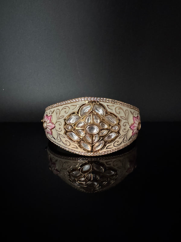 Moissanite Kundan, Enamel, CZ Openable Bracelet Bangle, Gold Polish (Fits 2.6" wrists)