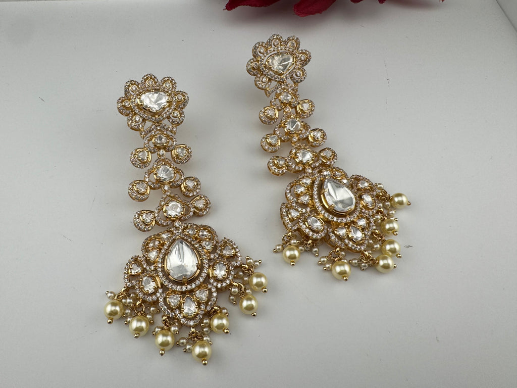 White and Gold Kundan, Pearls Chandelier Long Earrings, Bridal, Moissanite, CZ, Designer jewelry