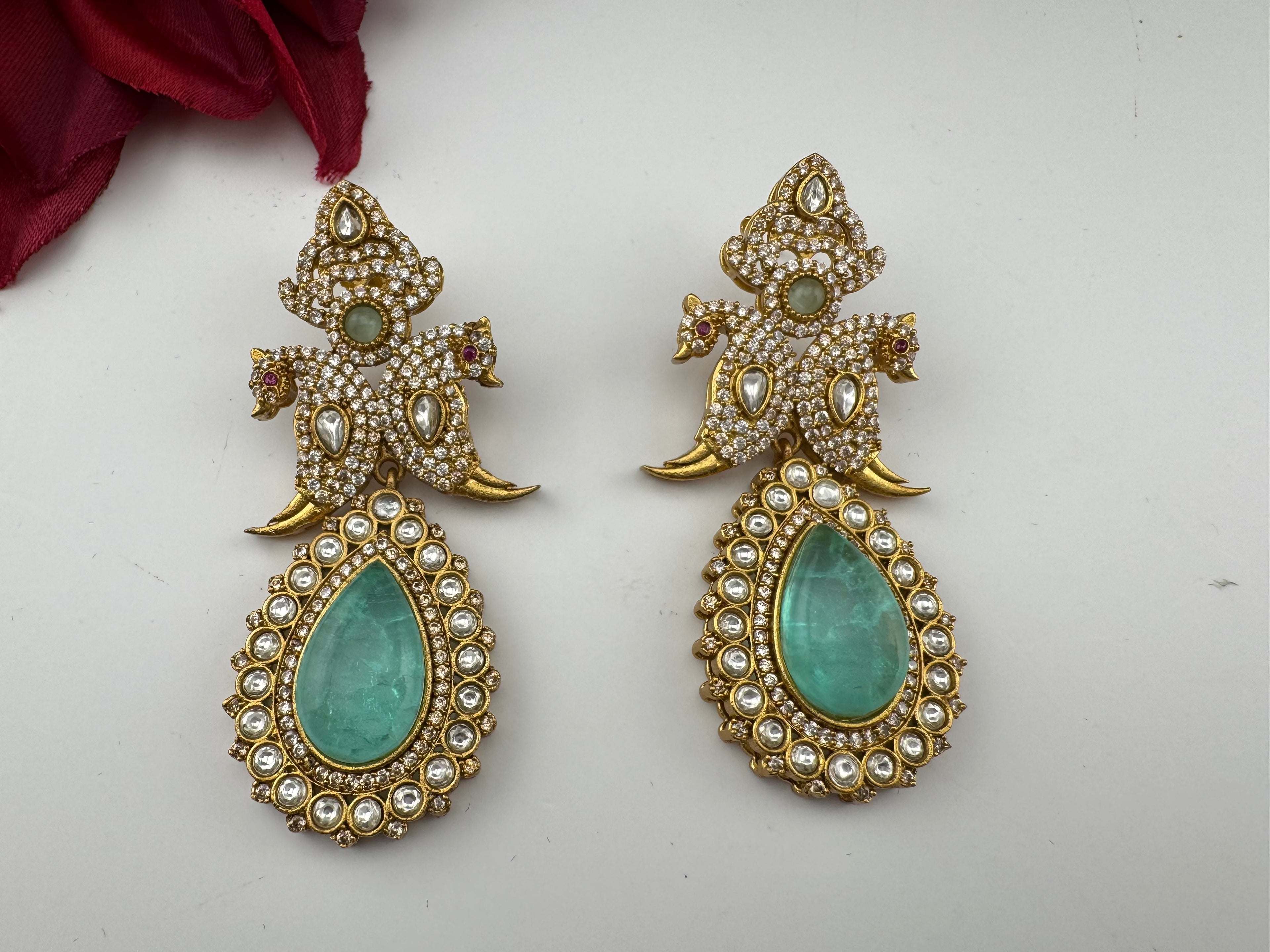 Blue Green and Gold, Doublet Stone Chandelier Long Earrings, Bridal, Moissanite, CZ, Designer jewelry