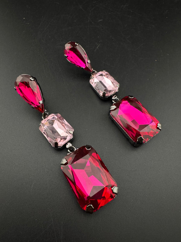 Premium Crystal Long Drop Swarovski inspired designer earrings/Indian earring/Bridal Jewelry/Grey Crystal/Pink Crystals
