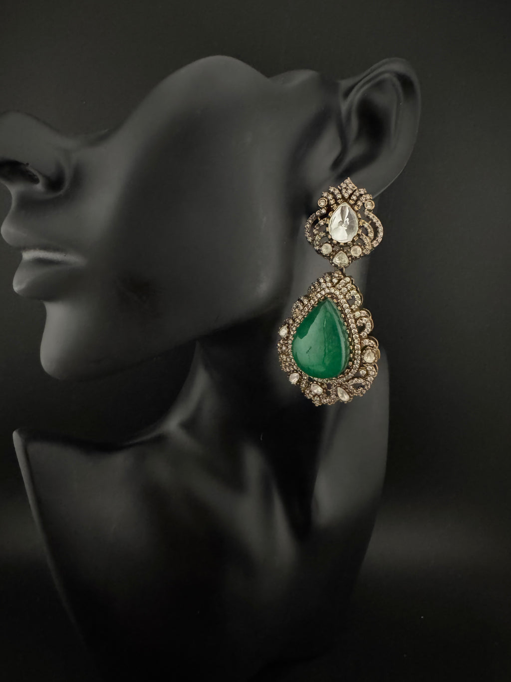 Green and Gold Kundan, Doublet Stone Chandelier Long Earrings, Bridal, Moissanite, CZ, Designer jewelry