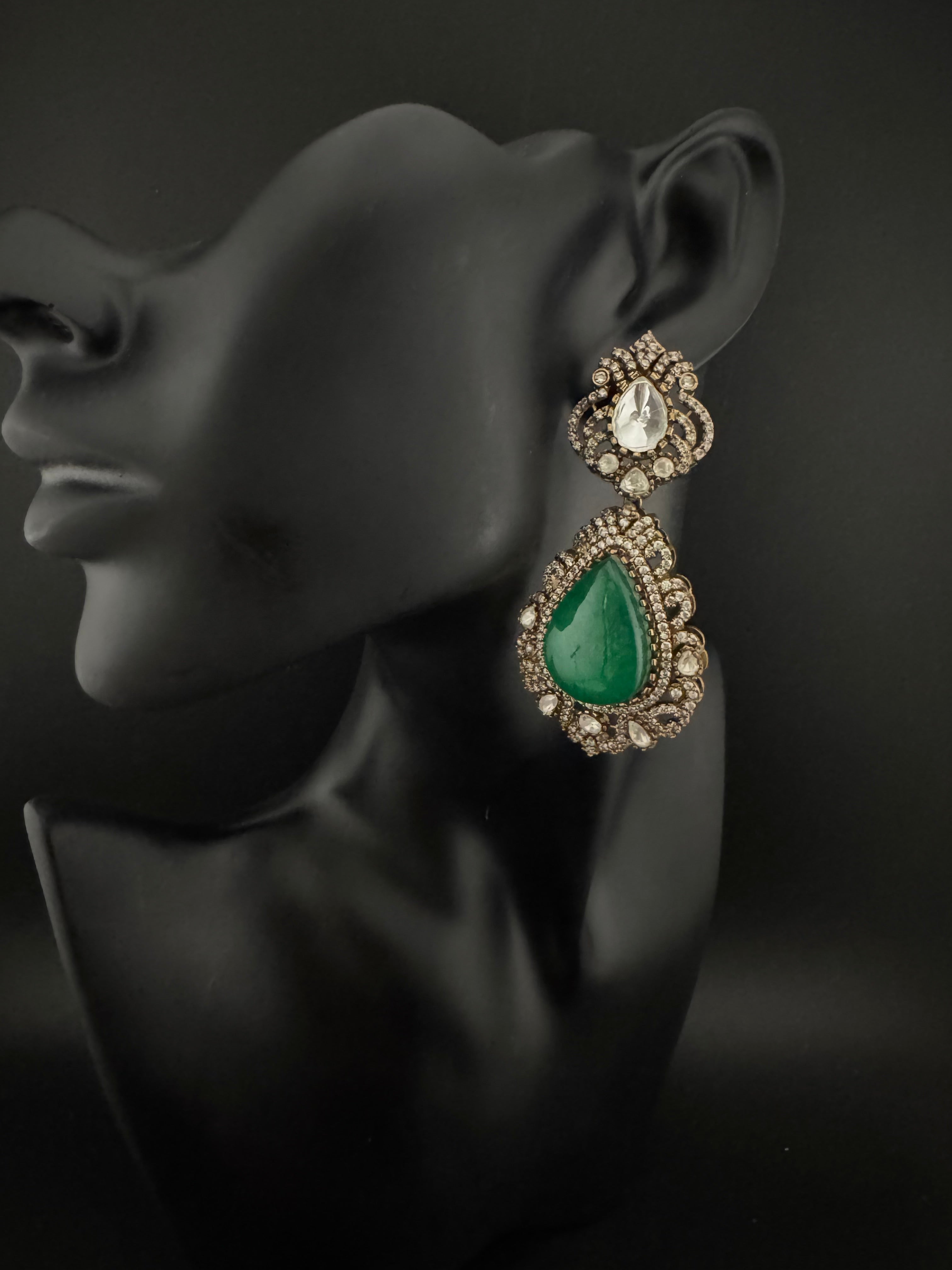 Green and Gold Kundan, Doublet Stone Chandelier Long Earrings, Bridal, Moissanite, CZ, Designer jewelry