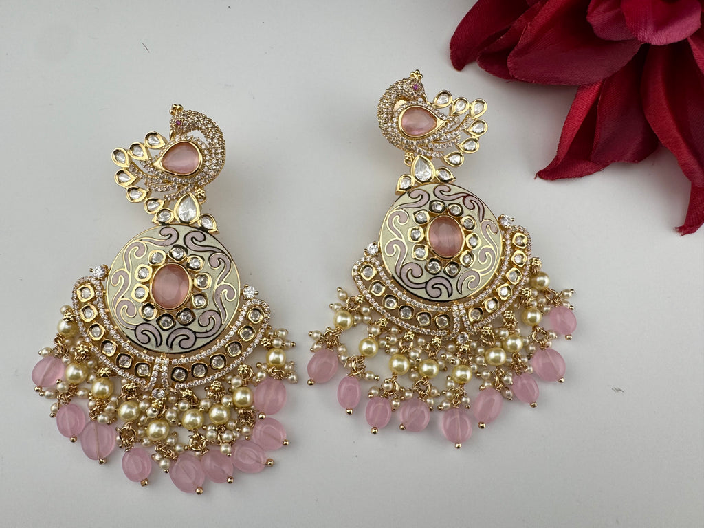 Enamel and Gold Kundan Chandelier Long Earrings, High shine Bridal Moissanite CZ, Designer Earrings