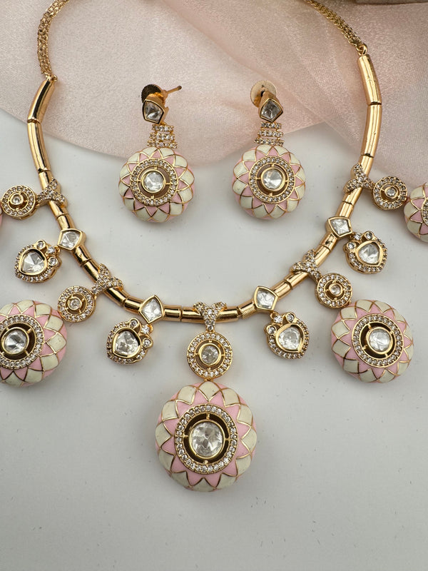 Enamel, Minakari, Kundan, CZ Gold plated Hasli necklace set, Indian Bridal Jewelry set