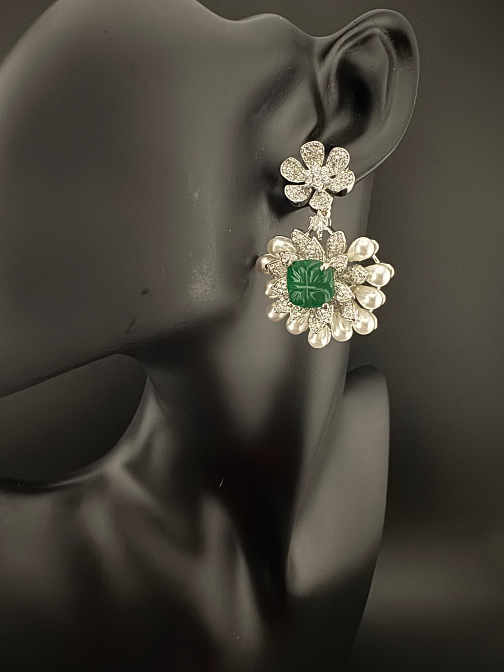 Premium Nano Setting Cubic Zirconia Carved Stone Pearls Drop earrings in unique 3D shape, stylish, Statement earring/Bridal Bridesmaid gift