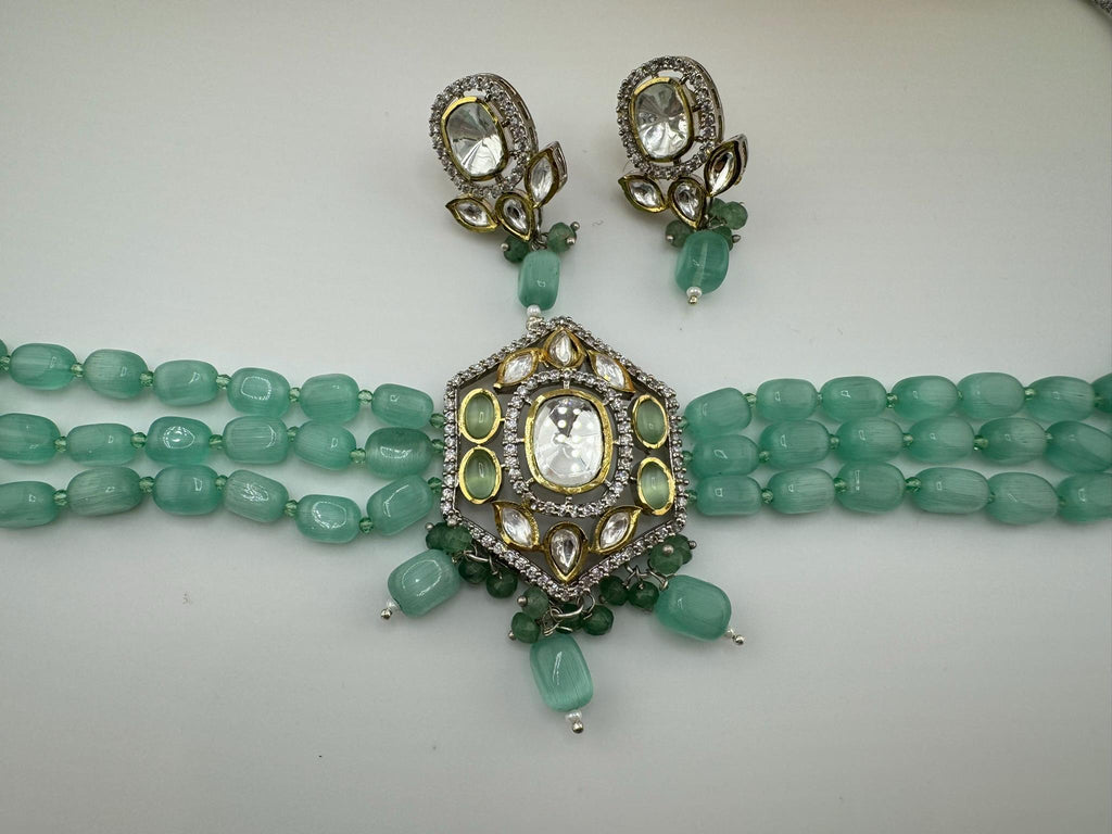 Tyaani Inspired Premium Fusion necklace with HQ Kundan, onyx beads and natural stones