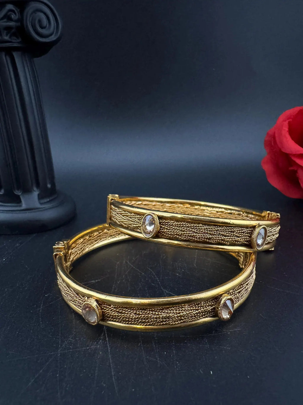 Amrapali inspired Designer Openable bangles in Matt Gold and stones, set of 2