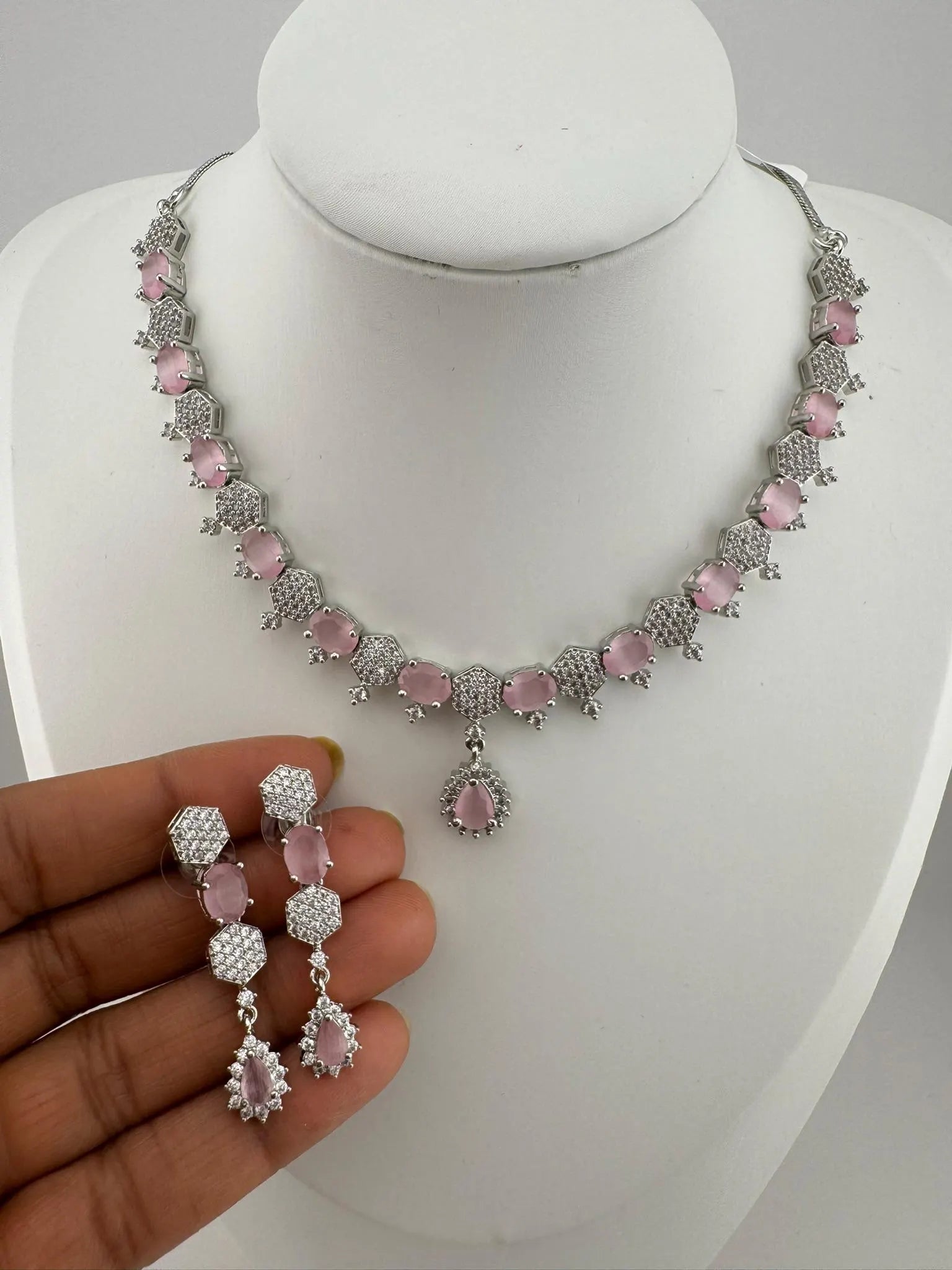 Premium Silver Polish American Diamond, Cubic Zirconia, glass stone Sleek Necklace set with long earrings