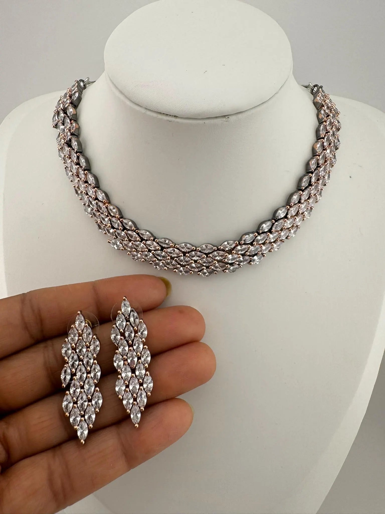 Premium American Diamond, Cubic Zirconia Unique Necklace set with light earring