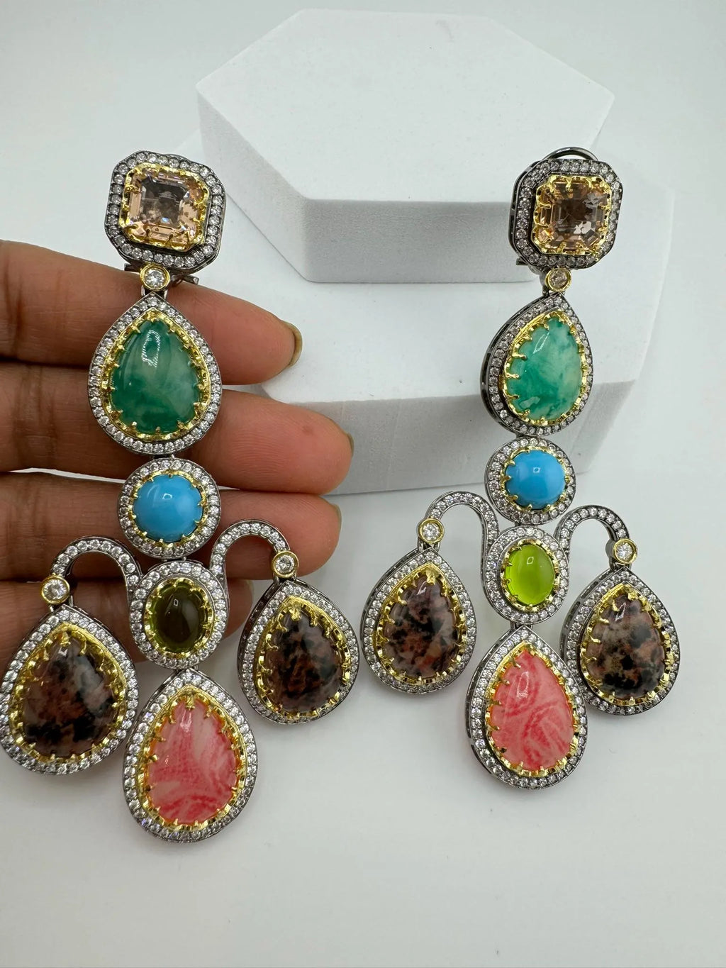 Sabyasachi inspired Premium Designer Chandelier Earrings in Multicolor Natural stone, CZ, Crystal stones
