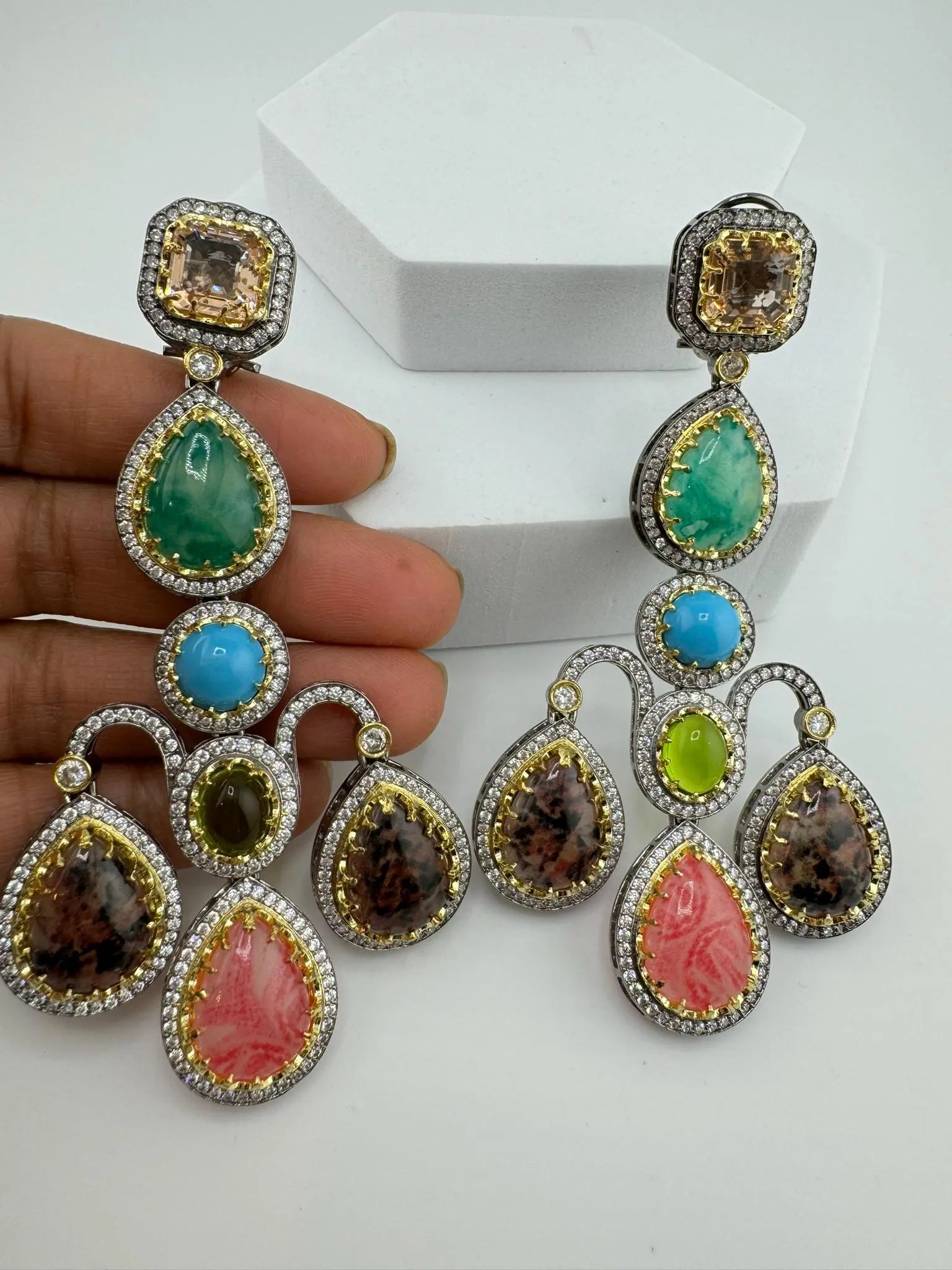 Sabyasachi inspired Premium Designer Chandelier Earrings in Multicolor Natural stone, CZ, Crystal stones
