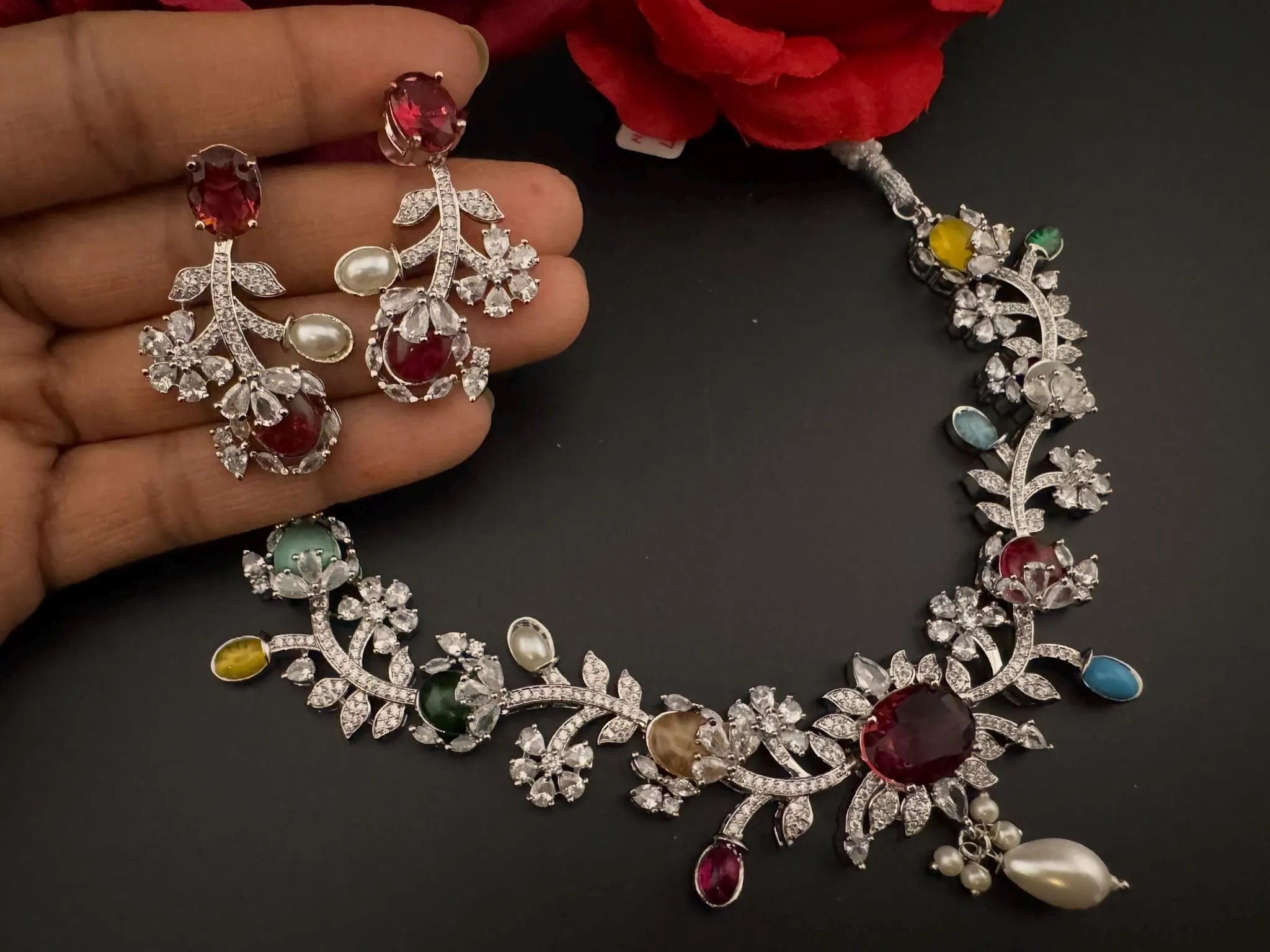 Red Premium American Diamond, Cubic Zirconia, Stones and Pearls Floral Necklace with earrings