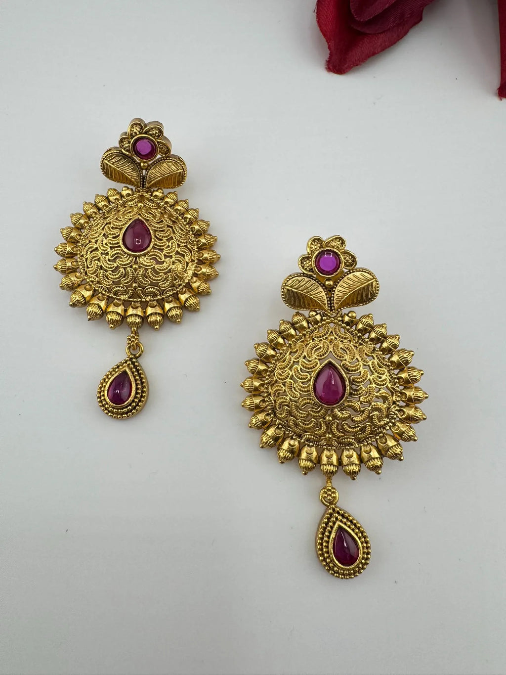 Premium Ruby and Pachi kundan Chand Bali in Matt Gold and Pearls is Amrapali inspired designer earrings