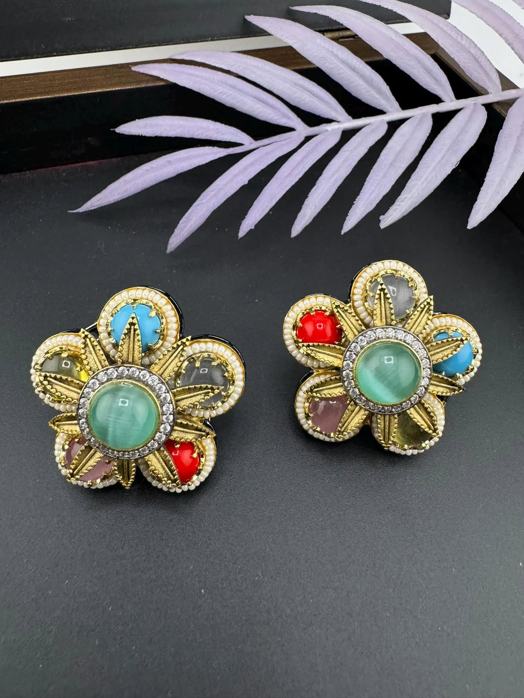 Sabyasachi inspired Premium designer Stud Earrings in Multicolor Natural stone, CZ and pearls