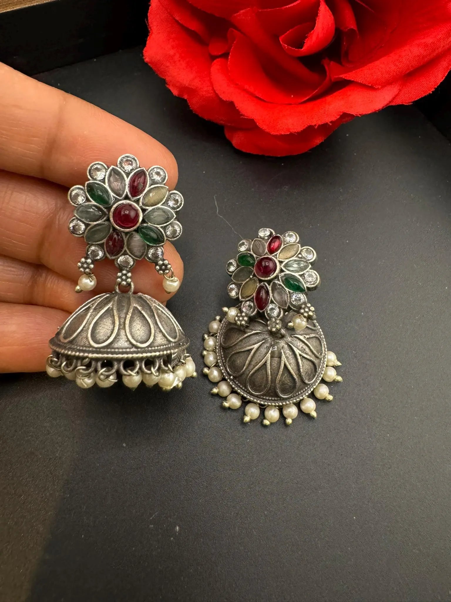 German silver oxidized Earrings with pearls and stones