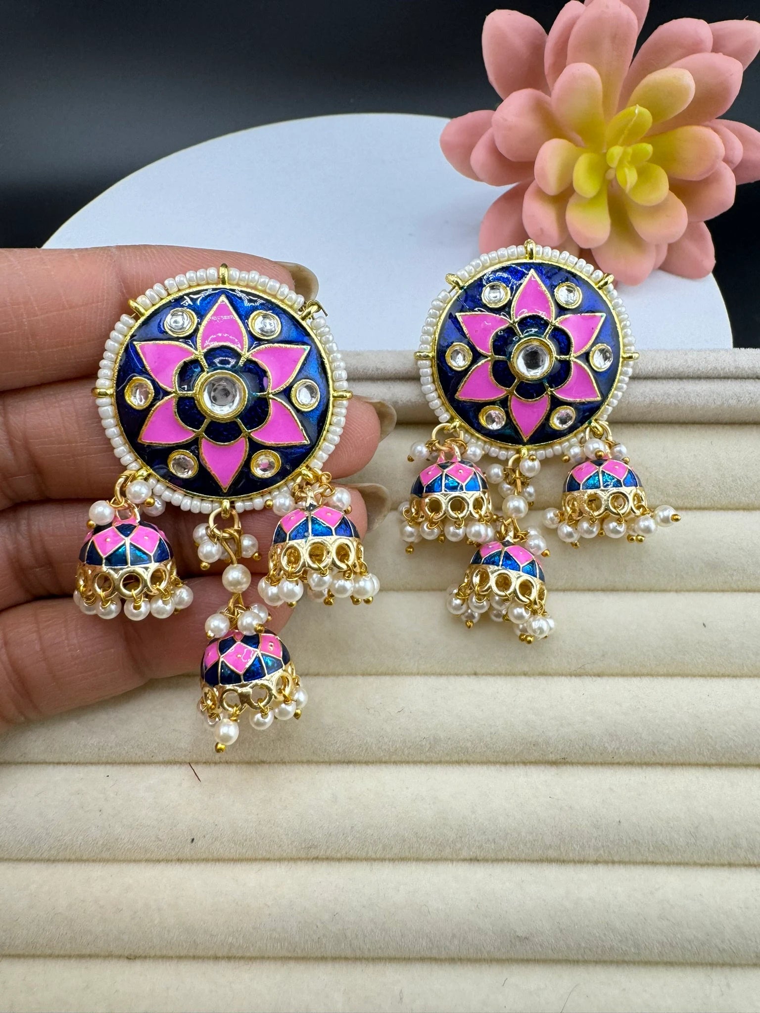 Minakari Stud with Jhumka with Kundan and pearls Earrings