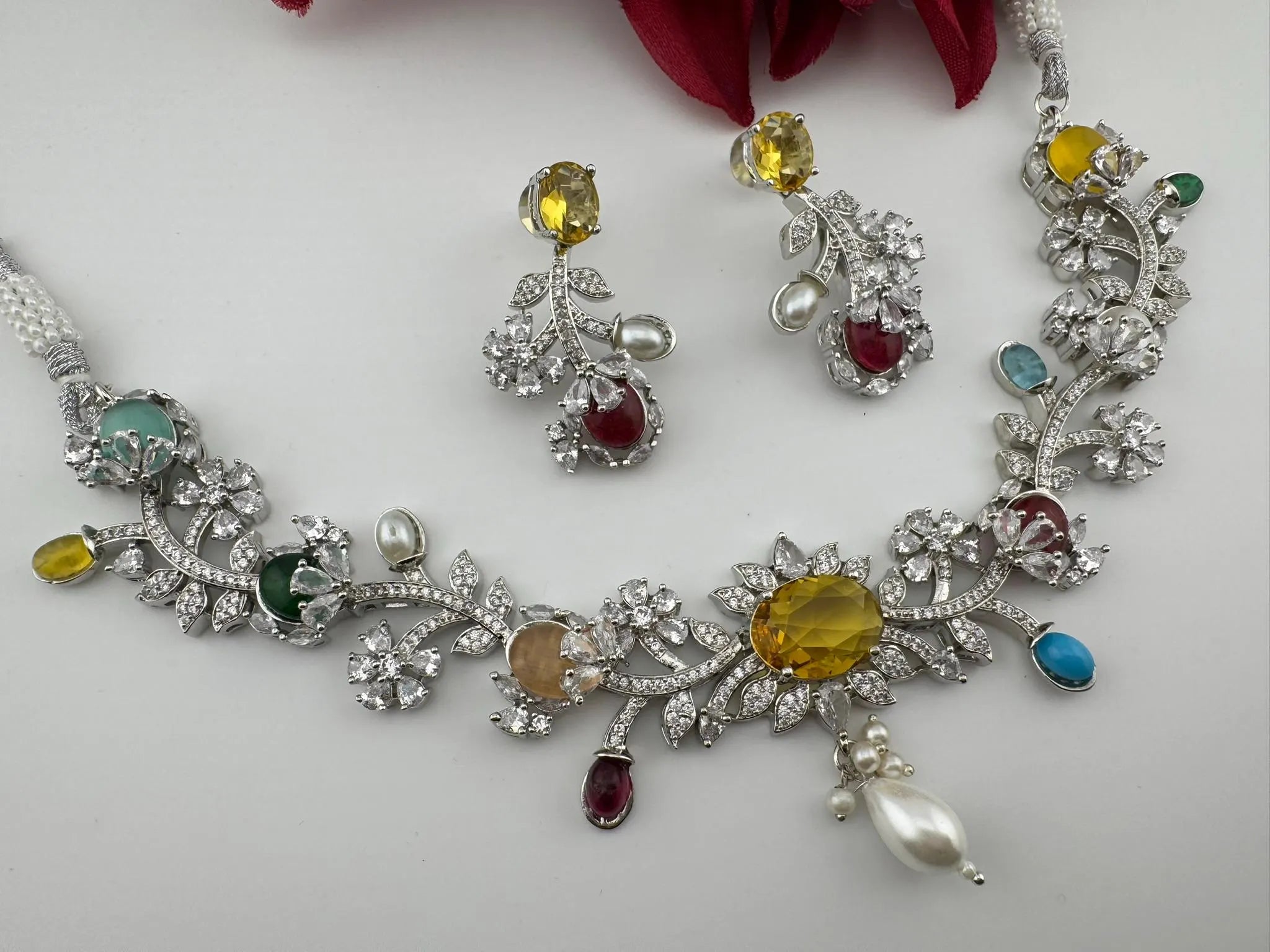 Yellow Premium American Diamond, Cubic Zirconia, Stones and Pearls Floral Necklace with earrings