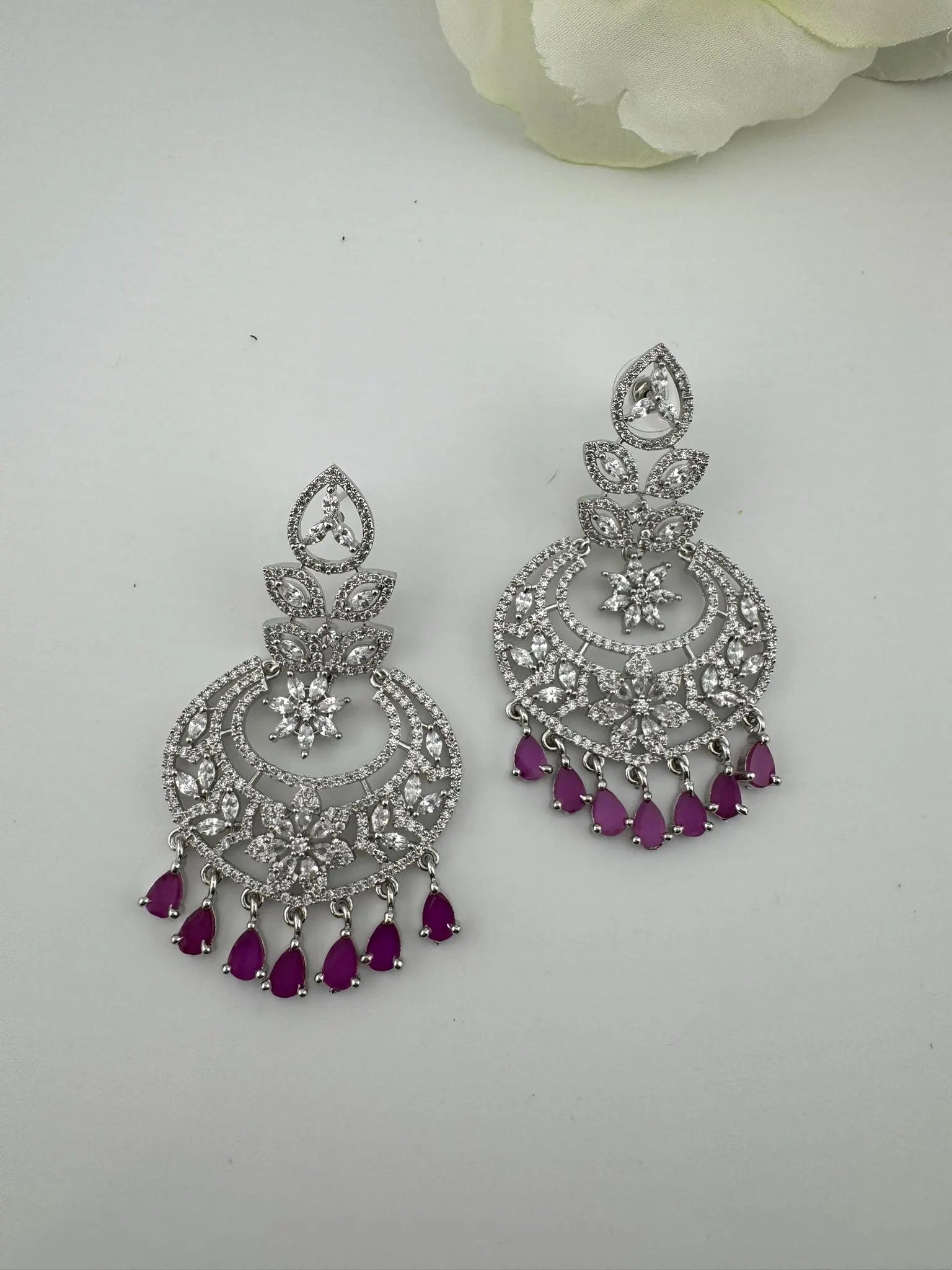 Premium Cubic Zirconia Chandelier chandbali earrings in Crystal stones in silver polish, Long earrings