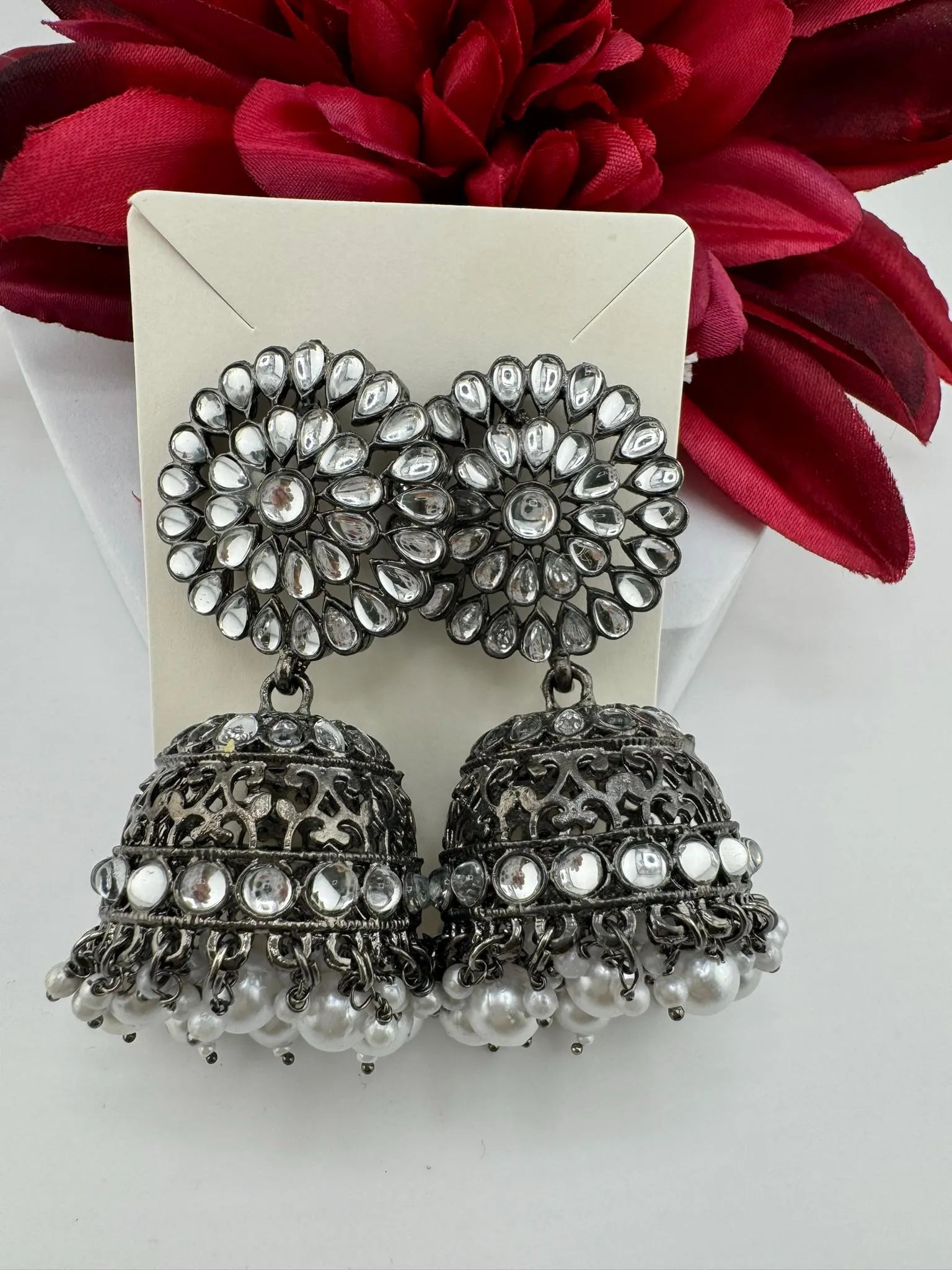 Dark Silver Polish Oxidized earrings Jhumka with stones and pearls