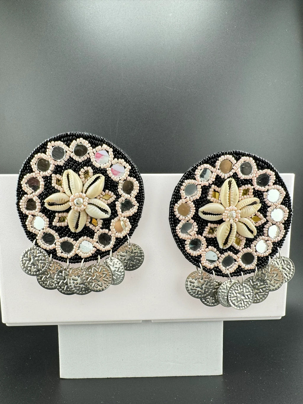 Black Beaded Mirror and Shell Oversized Stud earrings, cowrie/cowri Jewelry