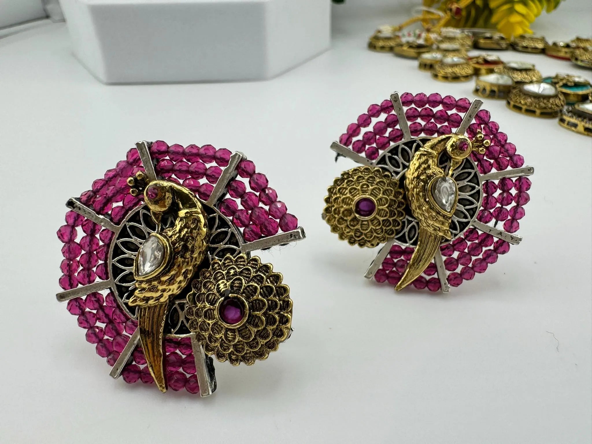 Amrapali inspired Premium designer stud earrings with Purple Beads and Peacock detailing