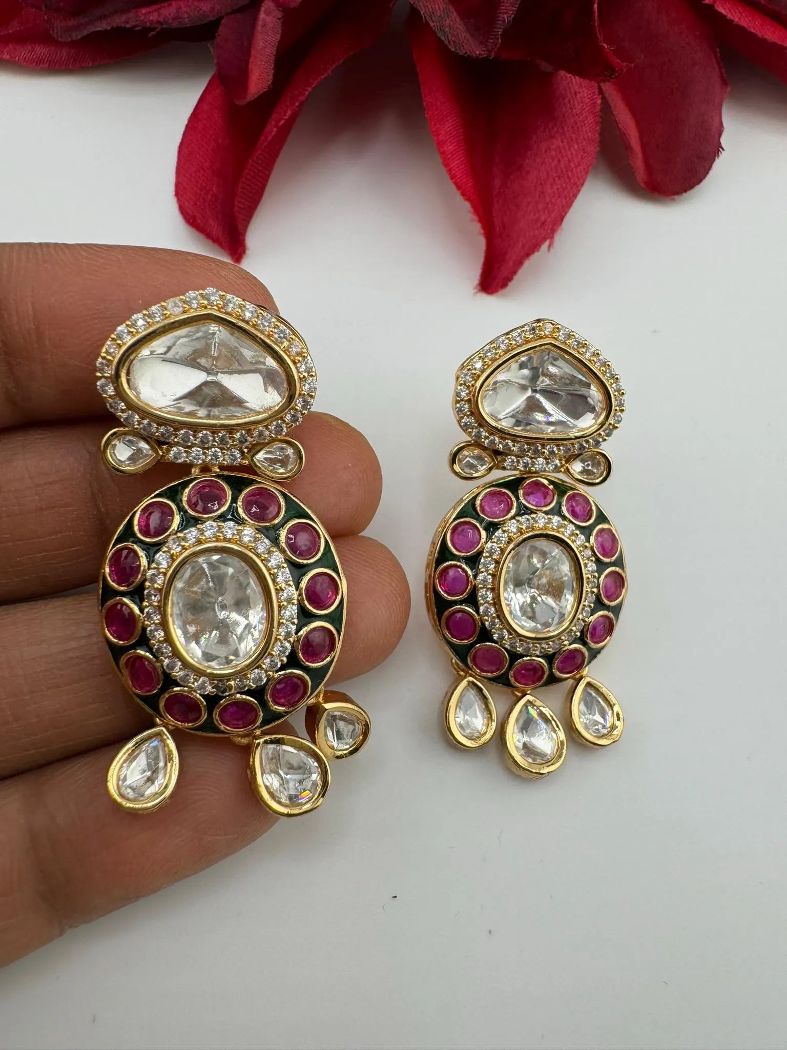 Amrapali inspired Premium Uncut Moissanite kundan with pachi kundan, CZ, Italian Minakari designer earrings