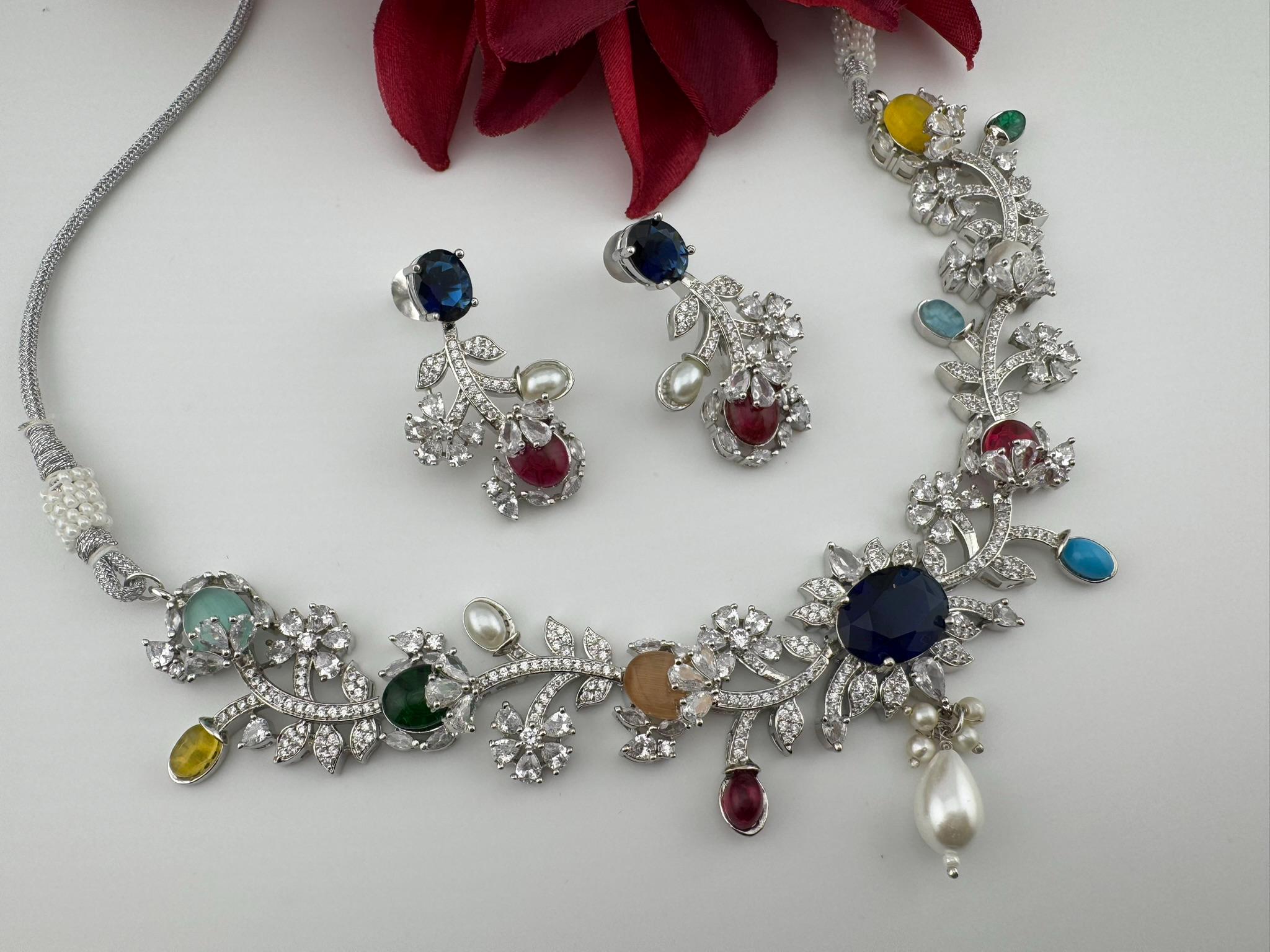 Blue Premium American Diamond, Cubic Zirconia, stones and pearls Floral Necklace with earrings