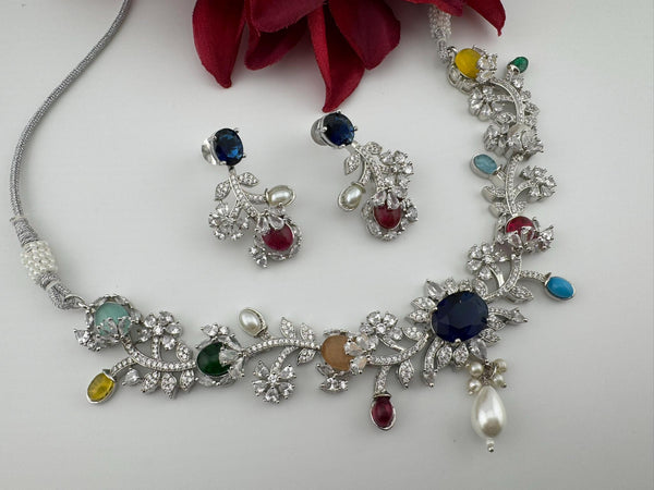 Blue Premium American Diamond, Cubic Zirconia, stones and pearls Floral Necklace with earrings