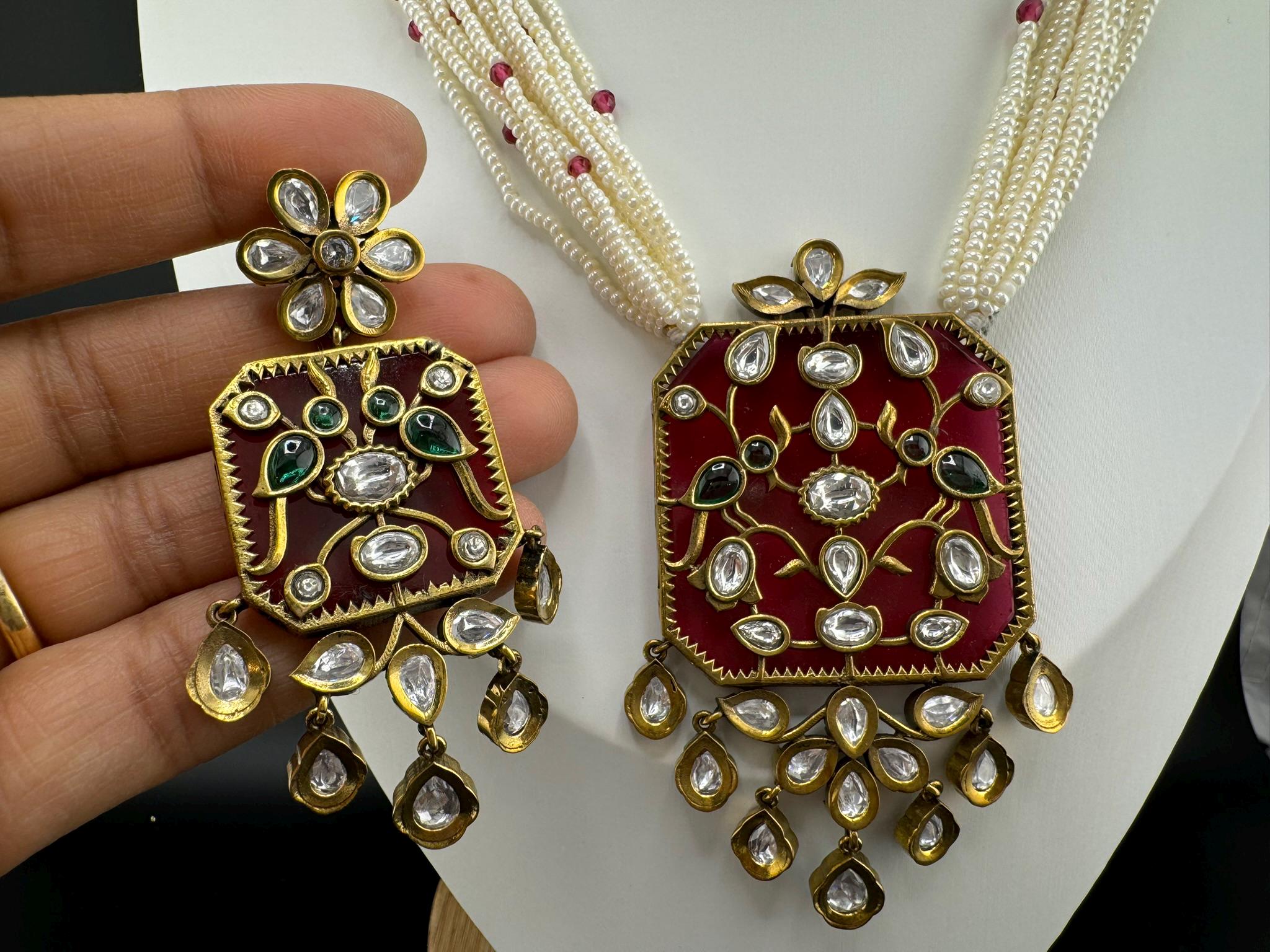Amrapali Inspired Premium Long Necklace set with moissanite Kundan Inlay work on Stone