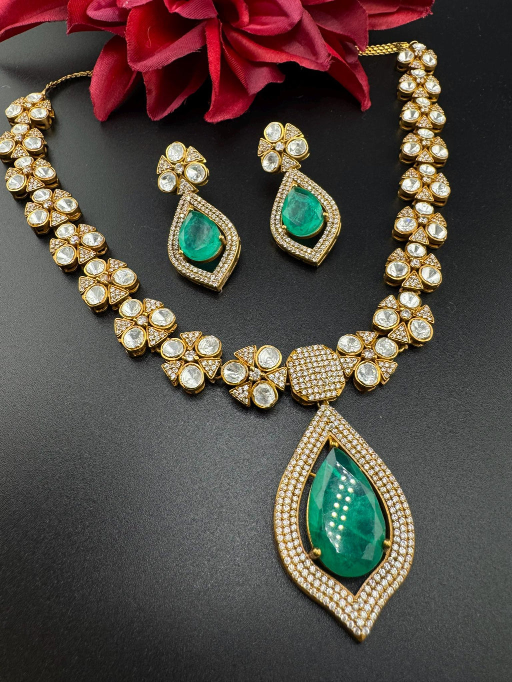Polki Premium Moissanite Kundan, CZ, Turquoise Doublet Stone Long Necklace set with earrings