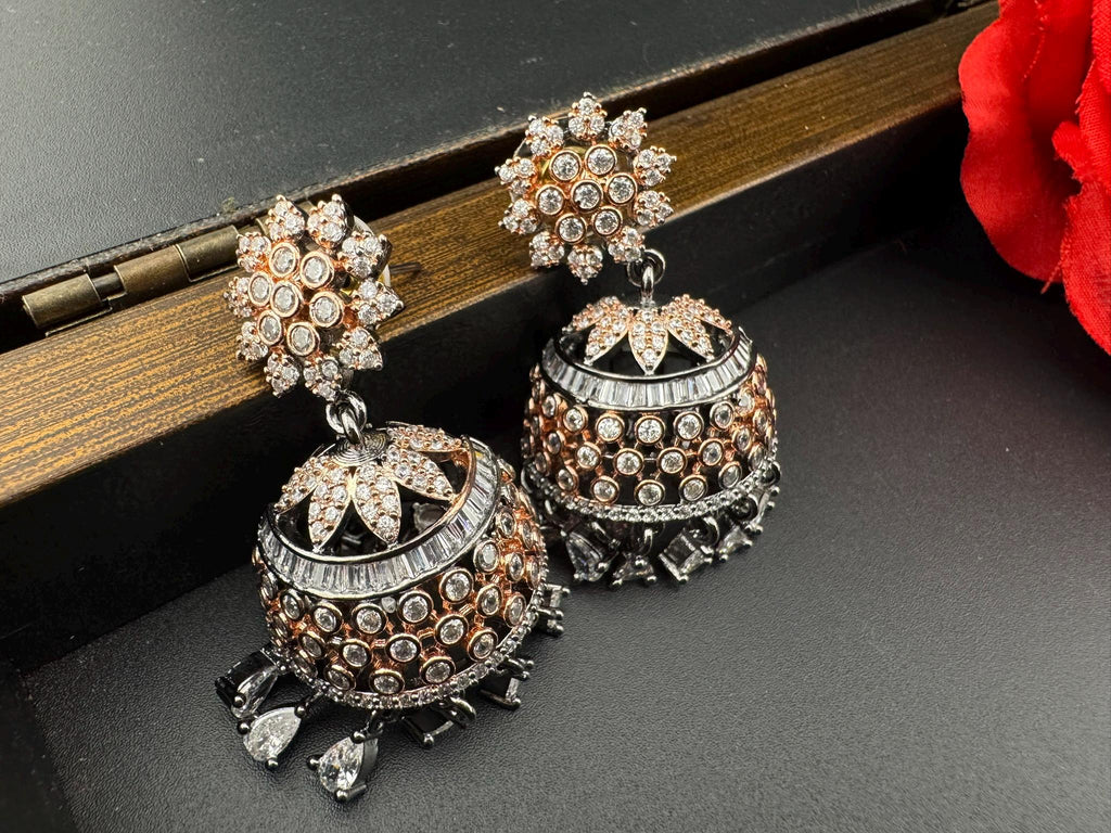 Premium Victorian Polish and  Rose Gold color Jhumka with Cubic Zirconia in unique setting
